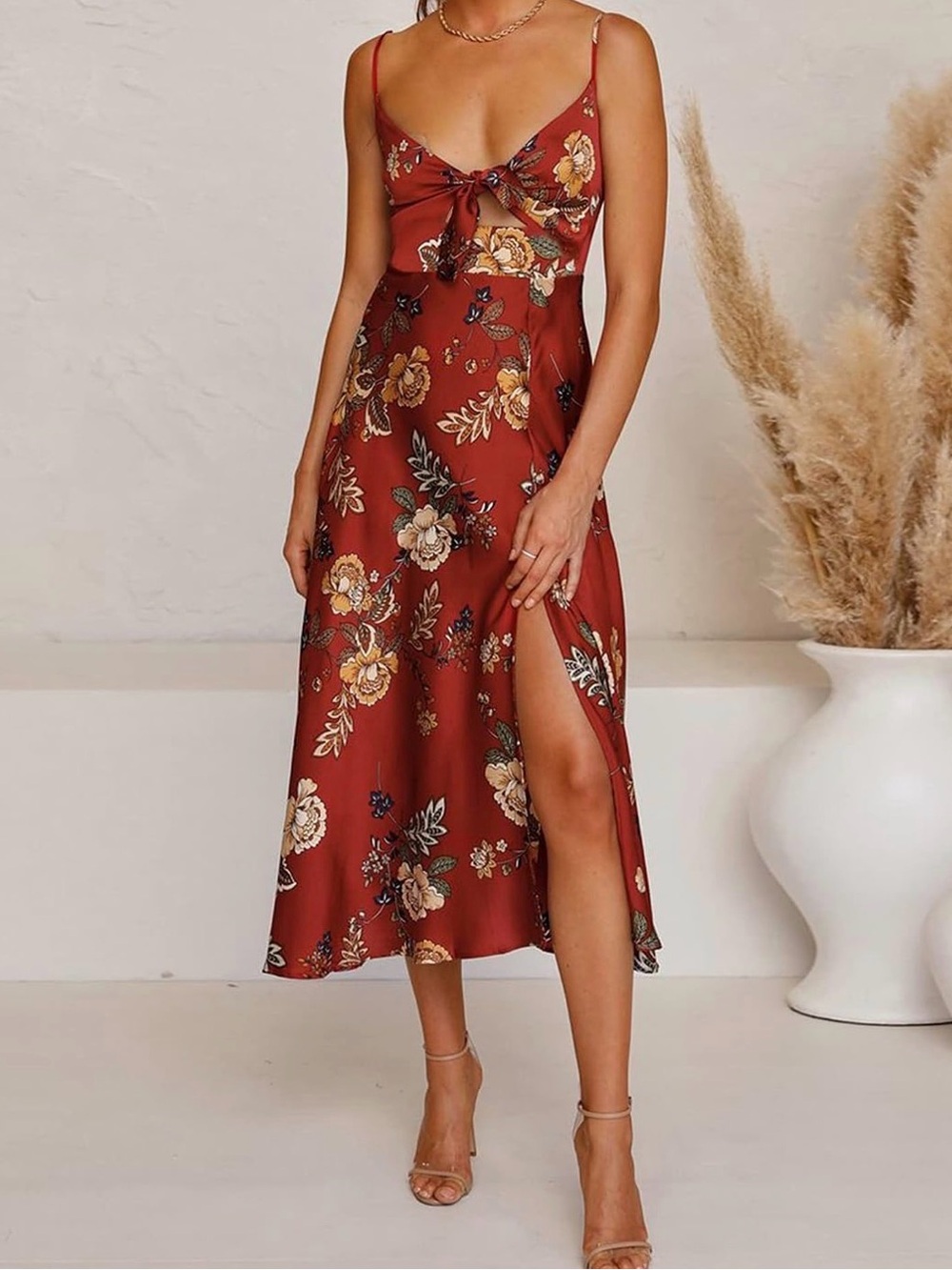 <Fashionme> Floral Tie-Front Rust Midi Dress